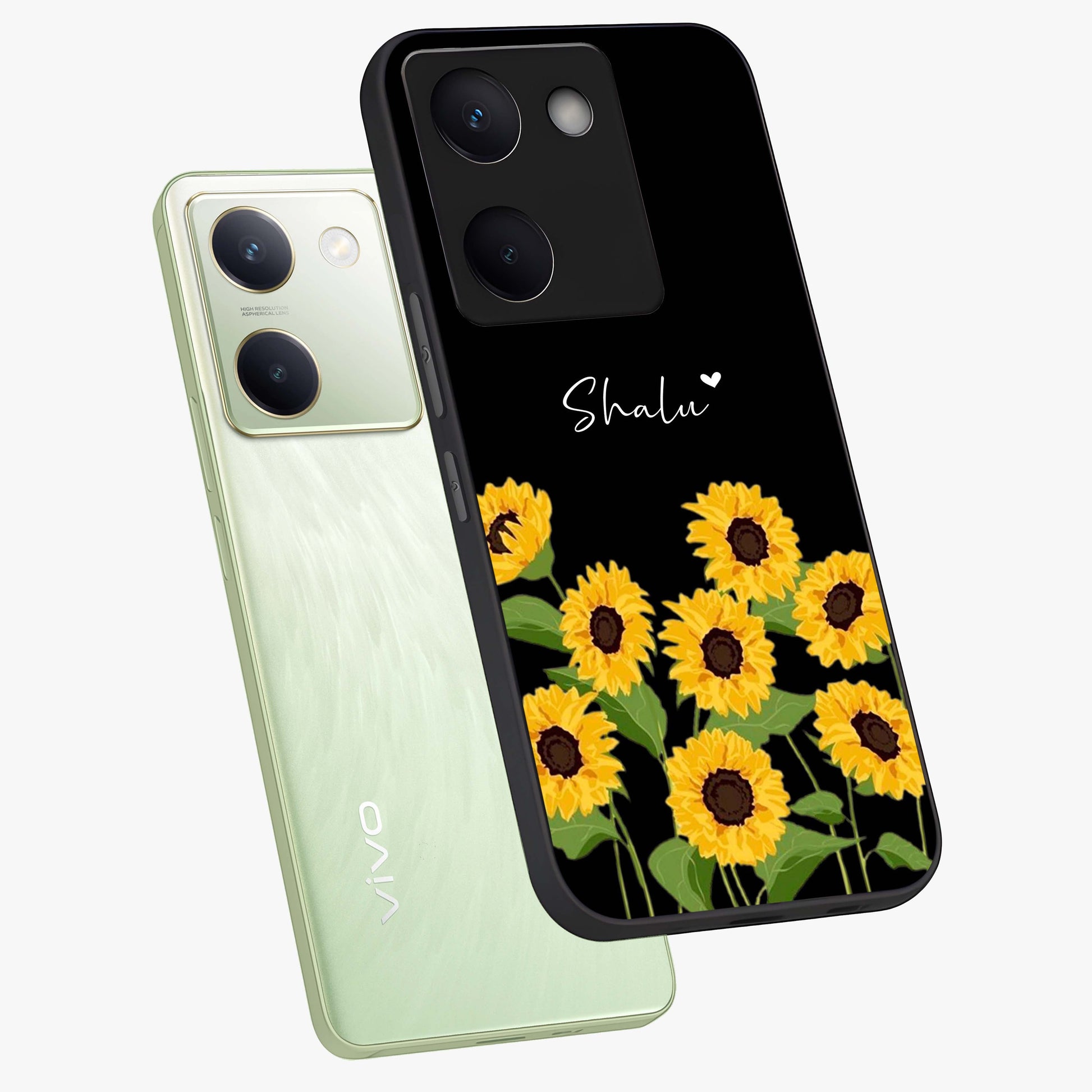 Sunflower Chic Mood Custom Name Glass Case displayed in angled mockup highlighting vibrant sunflower design with custom name feature.