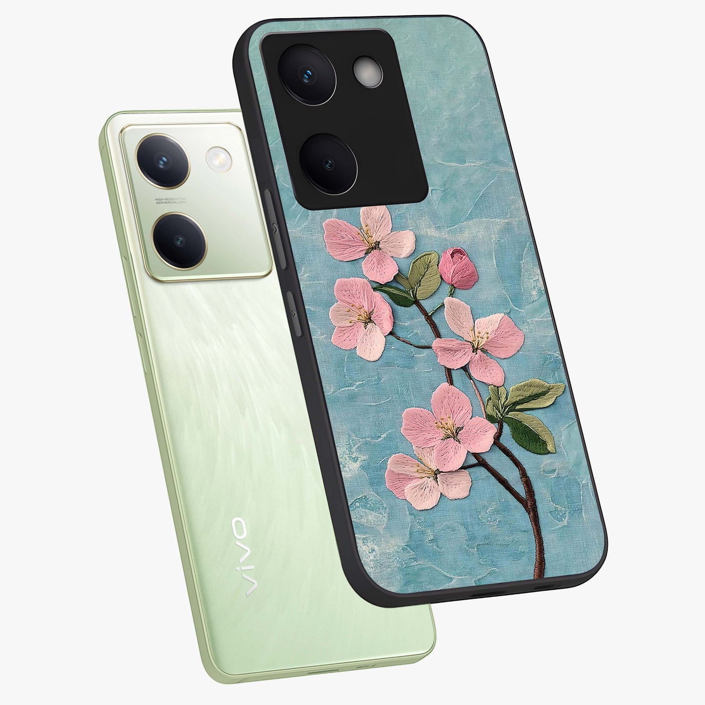 Threaded Blossom Breeze Glass Case displayed in angled mockup highlighting elegant floral design with soft aesthetic style.