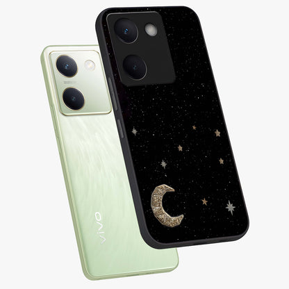 Twinkle Star With Half Moon Glass Case displayed in angled mockup highlighting celestial moon and star design with magical aesthetic.
