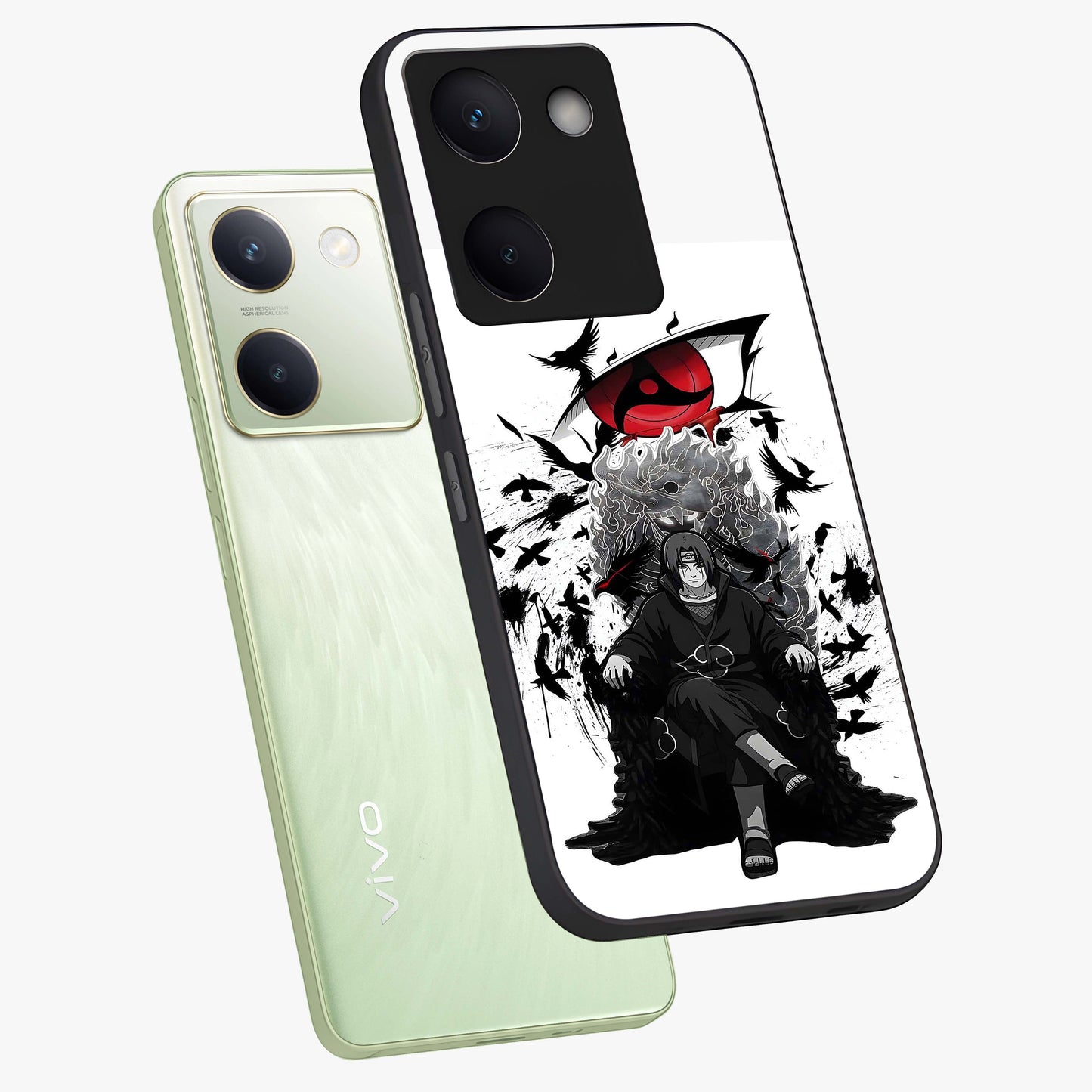 Uchiha Shadow Throne Glass Case displayed in angled mockup highlighting glowing aquatic design with celestial aesthetic.