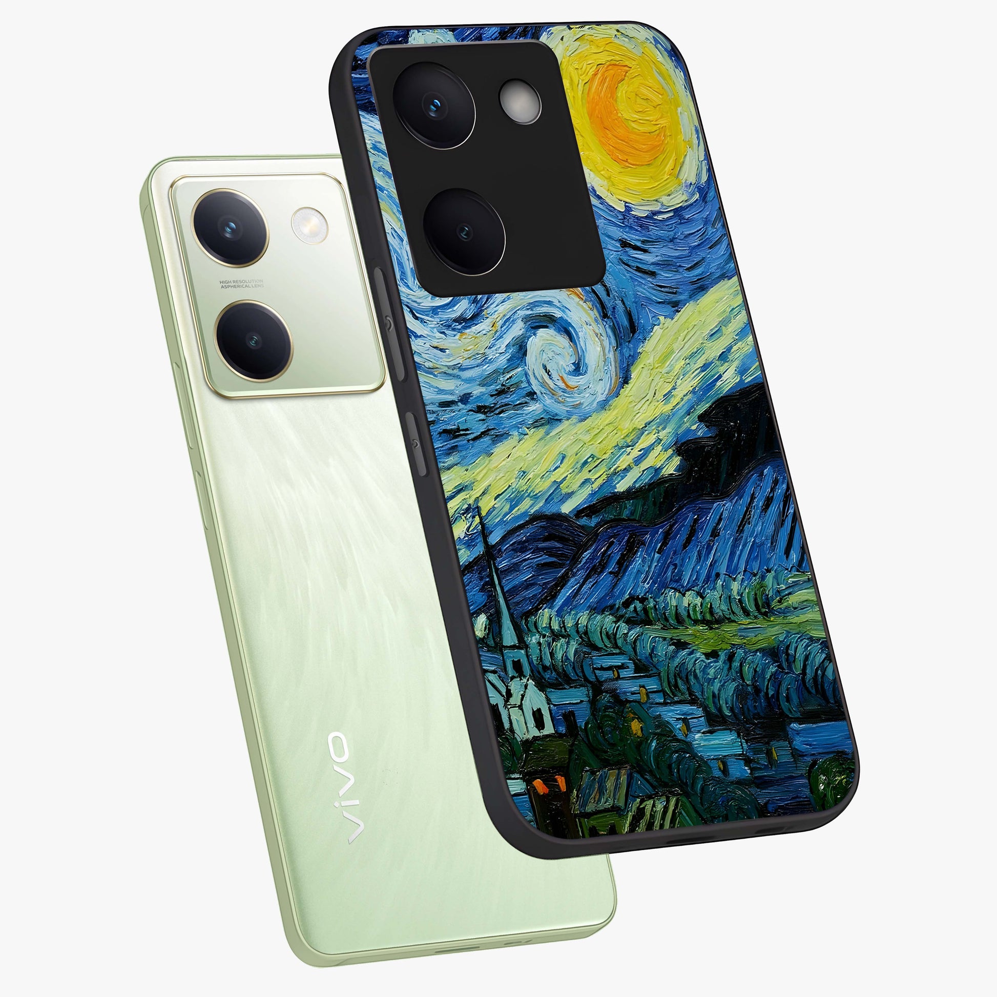 Van Gogh Art Glass Case displayed in angled mockup highlighting swirling brushstroke design with artistic aesthetic.