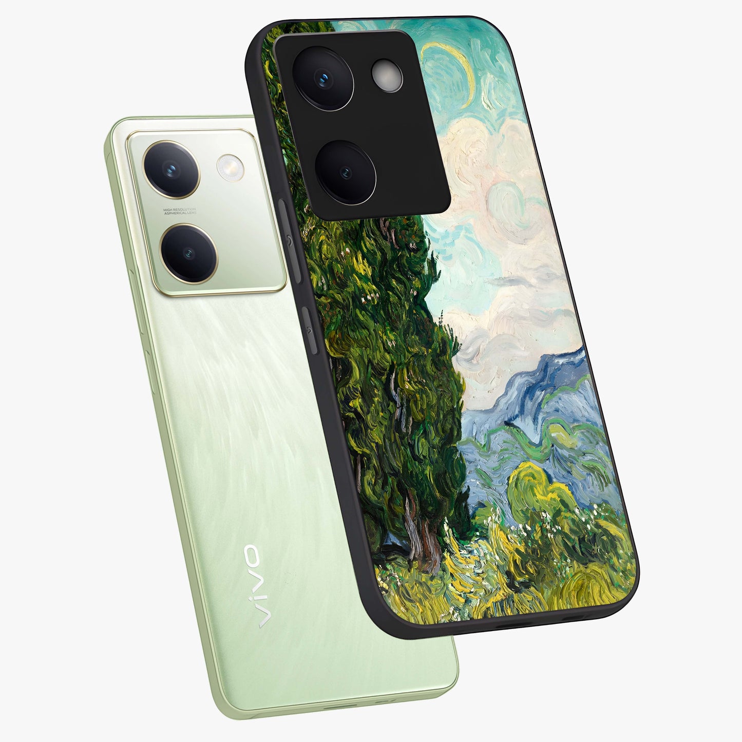 Van Gogh Vintage Art Glass Case displayed in angled mockup highlighting textured brushstroke design with classic aesthetic.