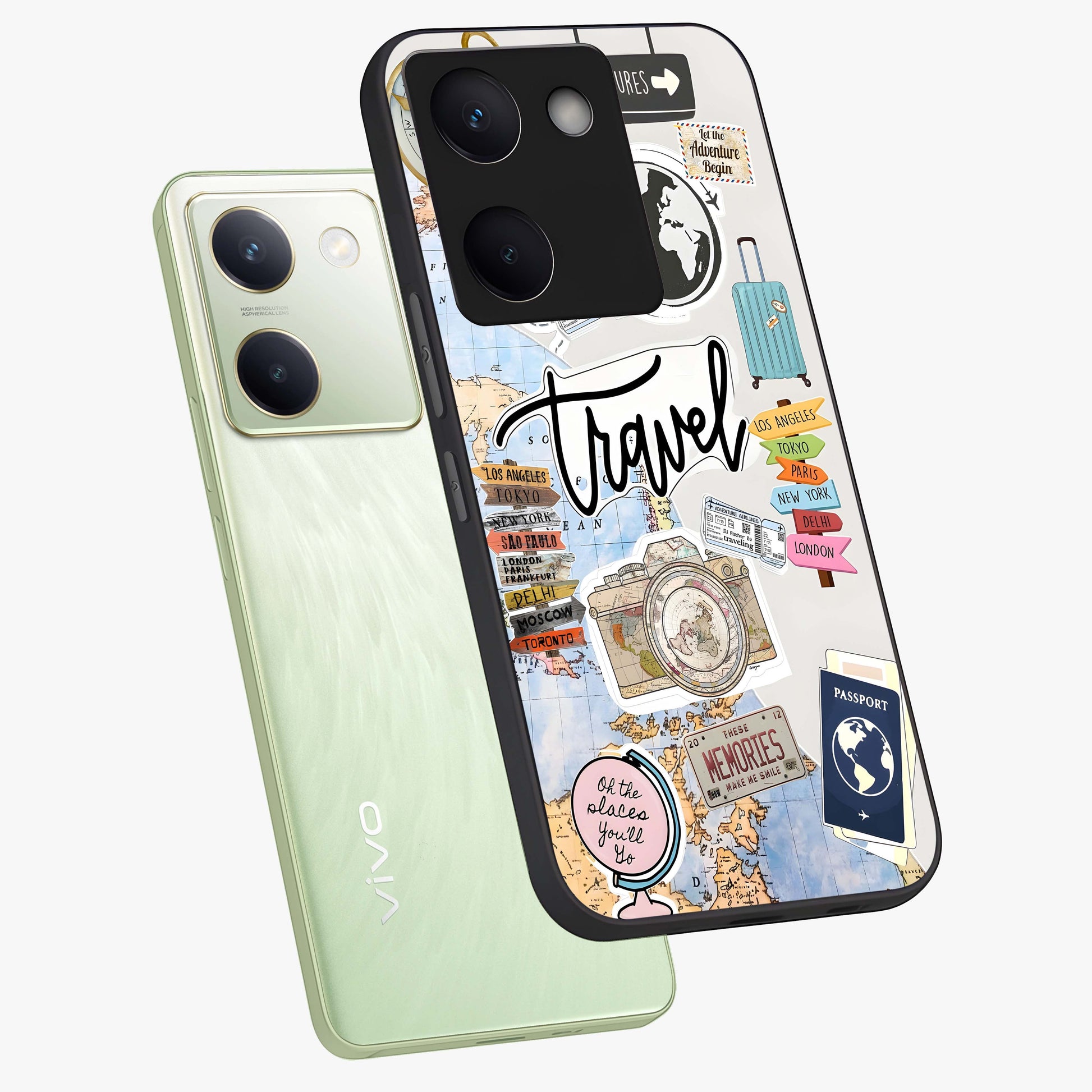 Wanderlust Journal Glass Case displayed in angled mockup highlighting adventure themed design with aesthetic travel vibe.