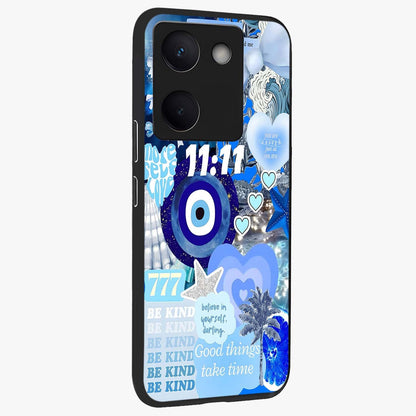 Aesthetic Be Kind Eye Glass Case upright view showcasing stylish eye illustration with positive message theme.