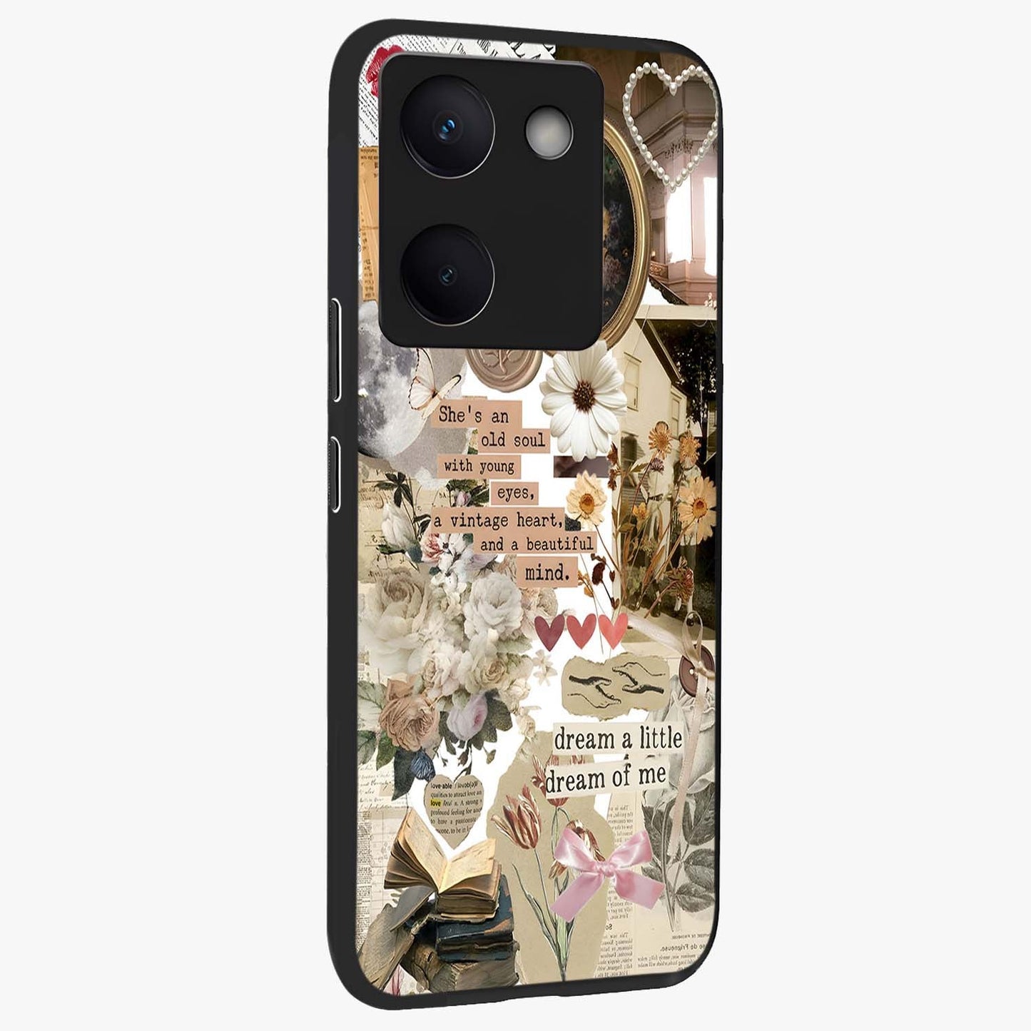 Aesthetic Brown Vintage Collage Glass Case upright view showcasing nostalgic retro artwork with stylish vintage theme.