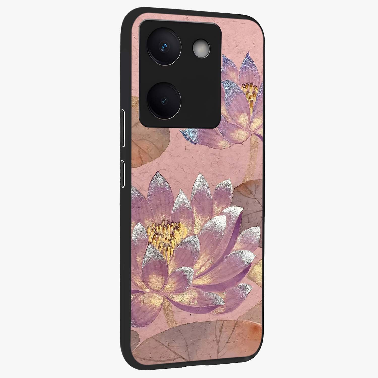 Blossom Mist Lotus Glass Case upright view showcasing graceful lotus flower design with peaceful botanical style.