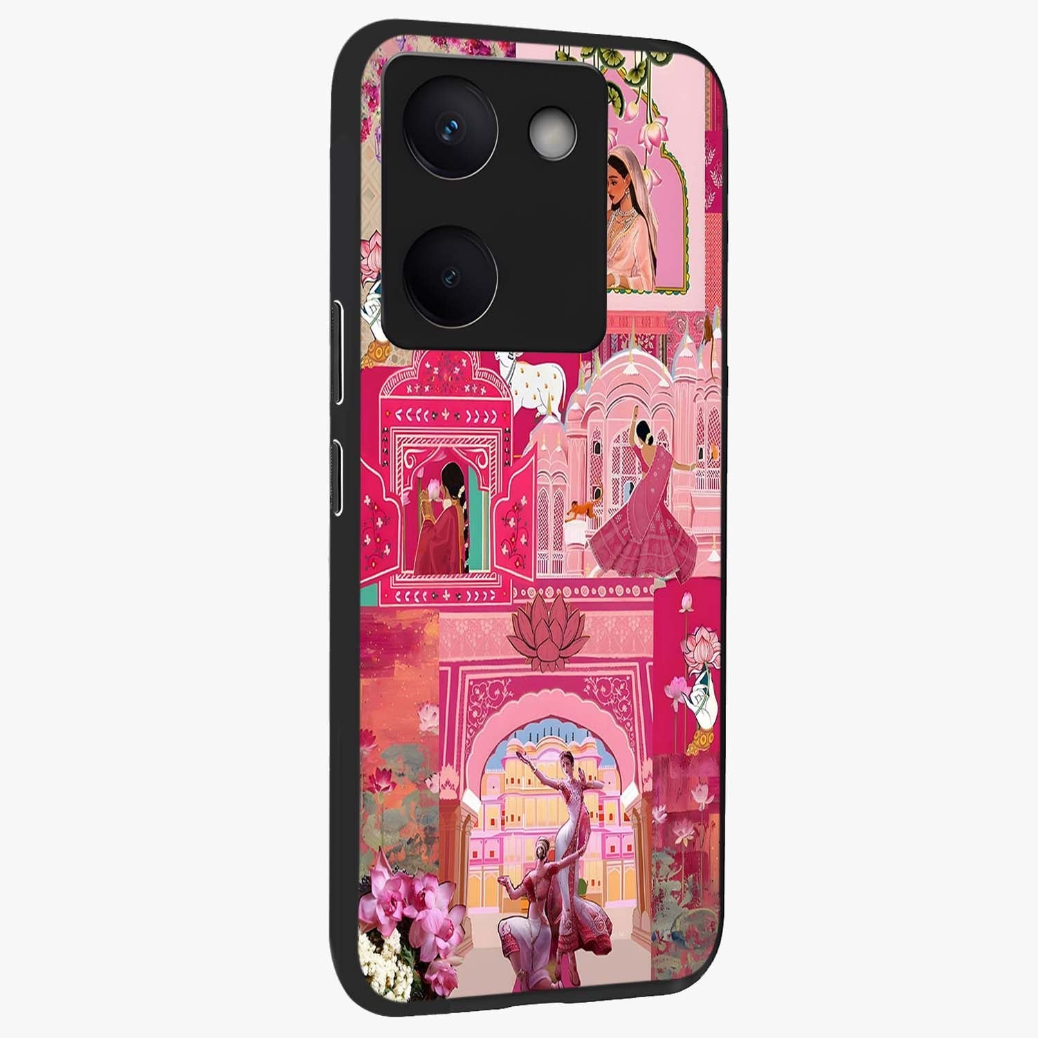 Blossoms of Rajasthan Glass Case upright view showcasing colorful floral design inspired by traditional Indian art.