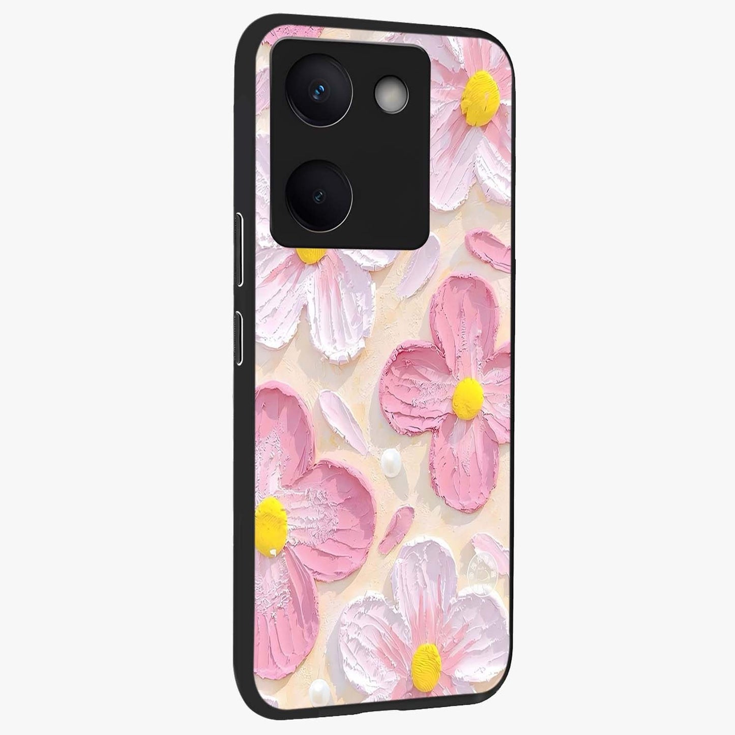 Blush Bloom Texture Glass Case upright view showcasing delicate blush floral texture with modern minimal style.