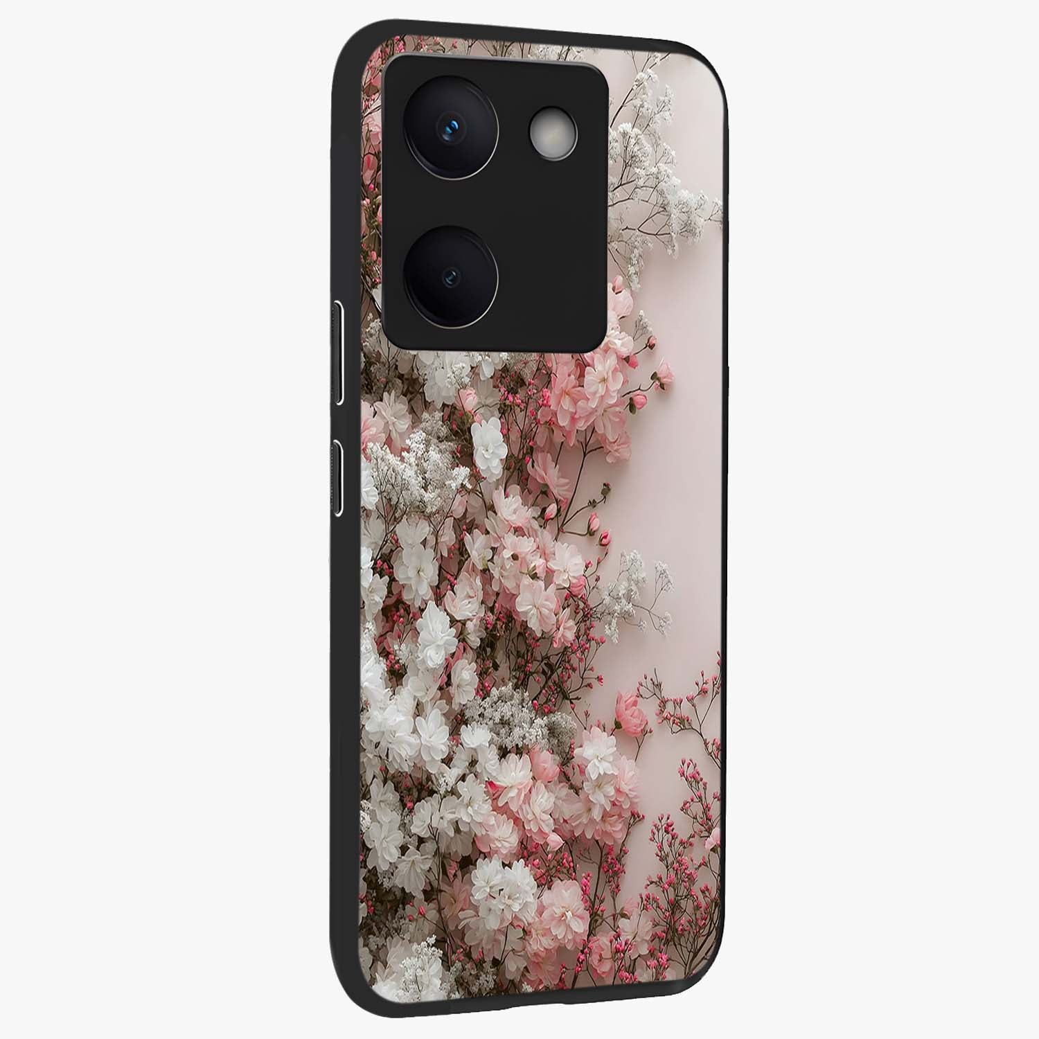 Blush Blossom Cloud Glass Case upright view showcasing calm floral cloud artwork with gentle dreamy theme.