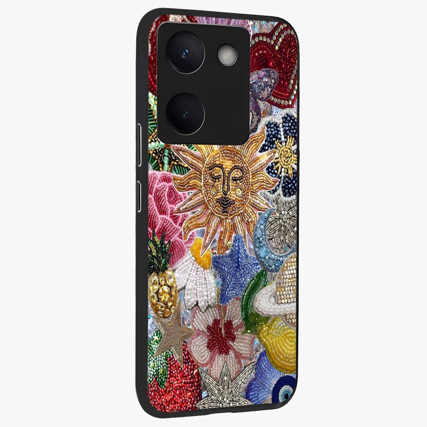 Celestial Floral and Playful Glass Case upright view showcasing whimsical floral artwork with cosmic aesthetic theme.