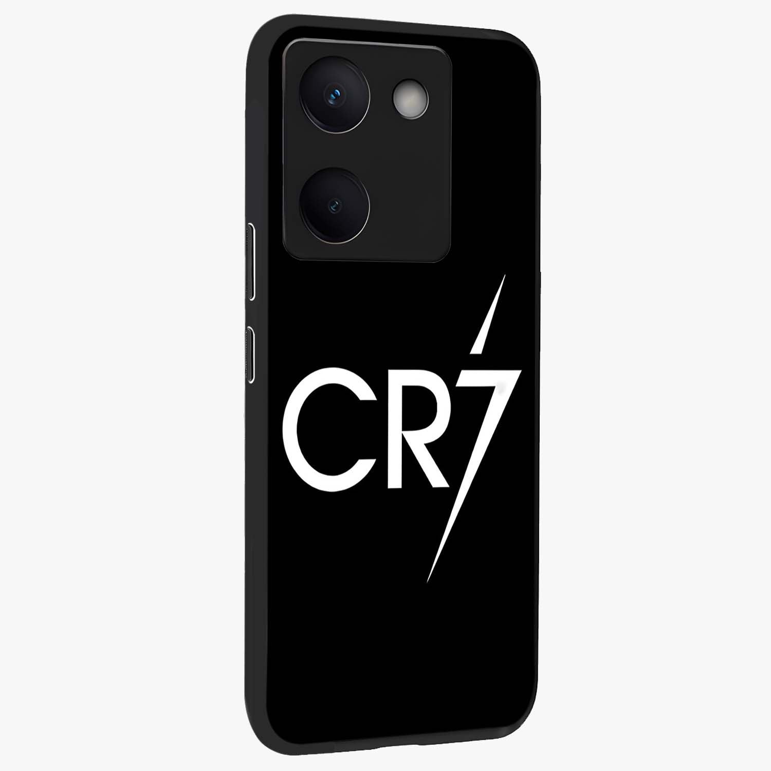 Cr7 Elite Strike Glass Case upright view showcasing energetic football inspired design with modern sports aesthetic.