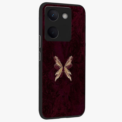 Crimson Fade Butterfly Glass Case upright view showcasing graceful butterfly artwork with soft crimson fade effect.