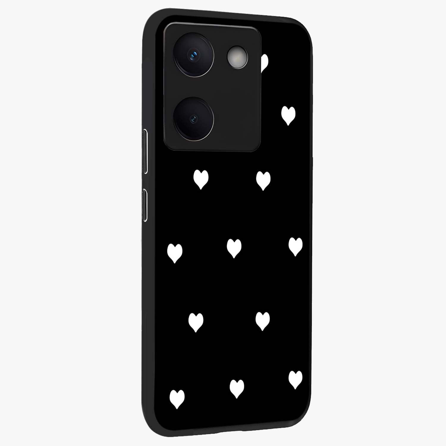Cute And Simple White Hearts Glass Case upright view showcasing simple white hearts artwork with soft minimal theme.