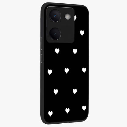 Cute And Simple White Hearts Glass Case upright view showcasing simple white hearts artwork with soft minimal theme.