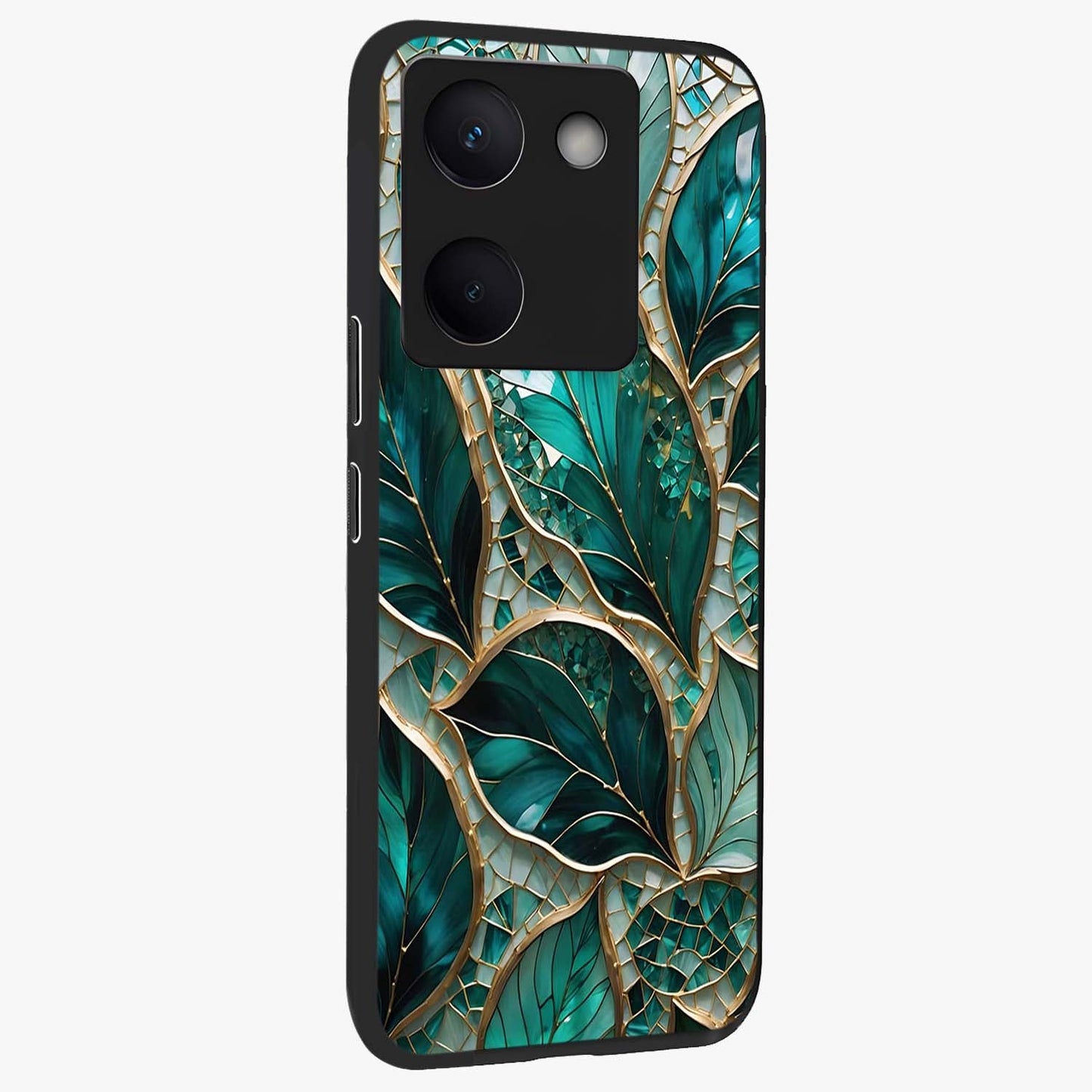 Emerald Leaf Glass Glass Case upright view showcasing fresh green leaf artwork with calming nature inspired style.