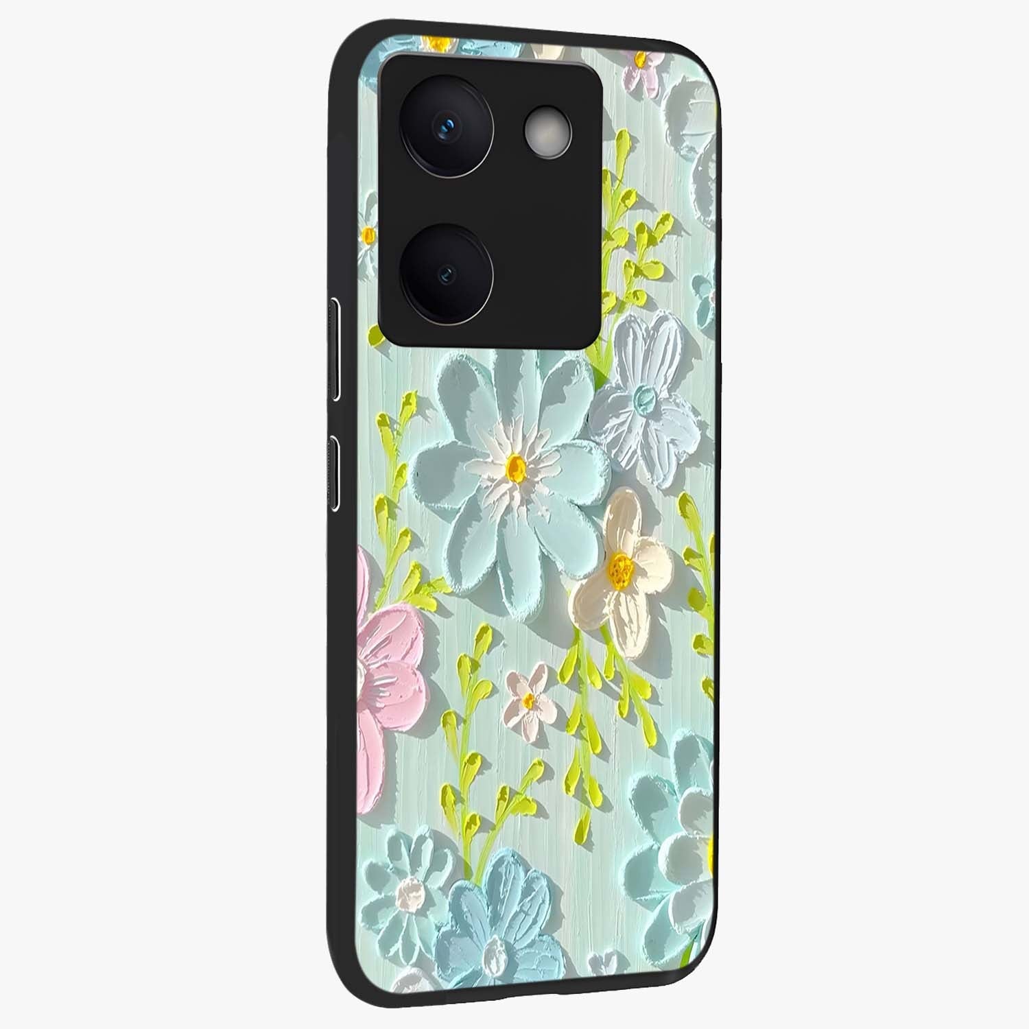Frosted Petal Garden Glass Case upright view showcasing elegant floral garden artwork with soothing pastel theme.
