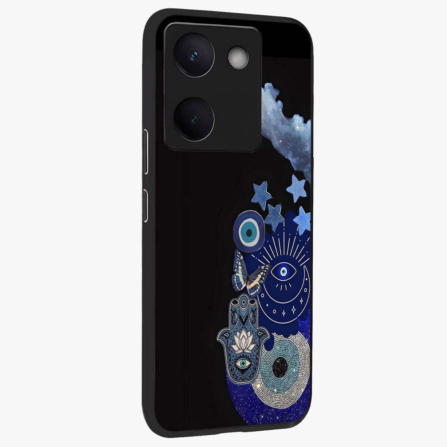 Galactic Charm Cluster Glass Case upright view showcasing glowing cosmic charm artwork with magical celestial style.