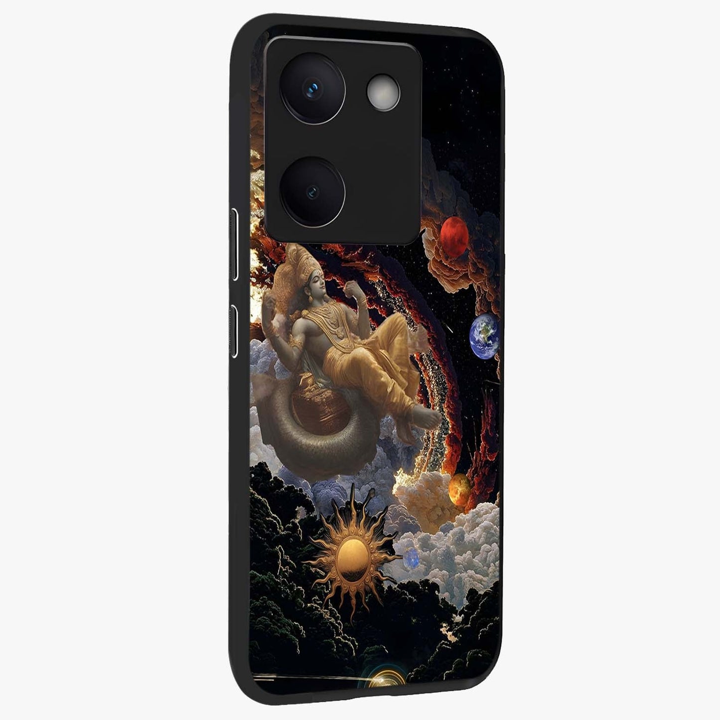 Galactic Divine God Glass Case upright view showcasing mystical divine artwork with dramatic cosmic theme.
