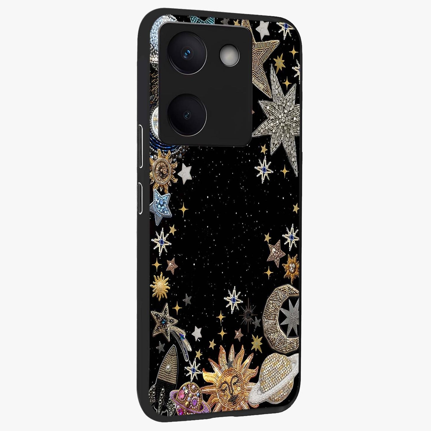 Galactic Jewel Stars Glass Case upright view showcasing glittering star jewel artwork with vibrant galaxy theme.