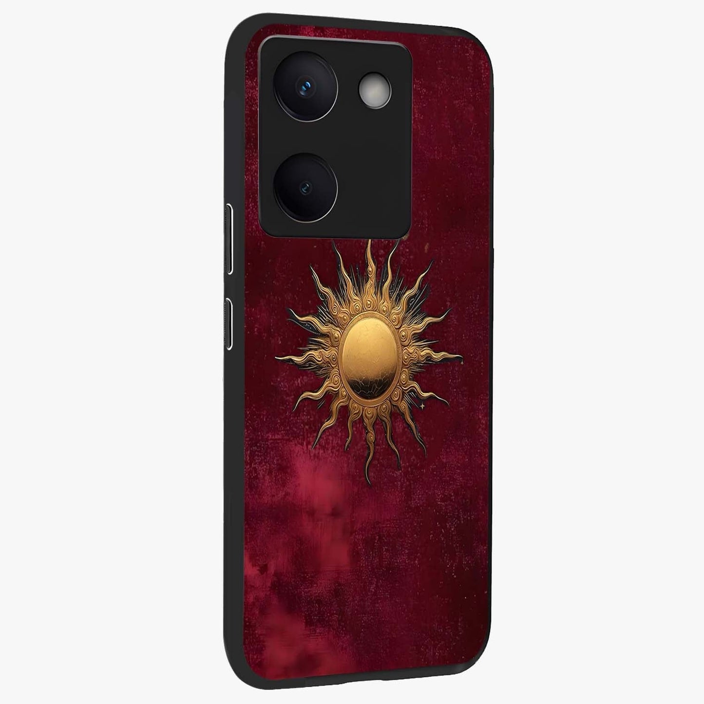 Golden Sun Minimalism Glass Case upright view showcasing simple golden sun artwork with elegant minimalist style.