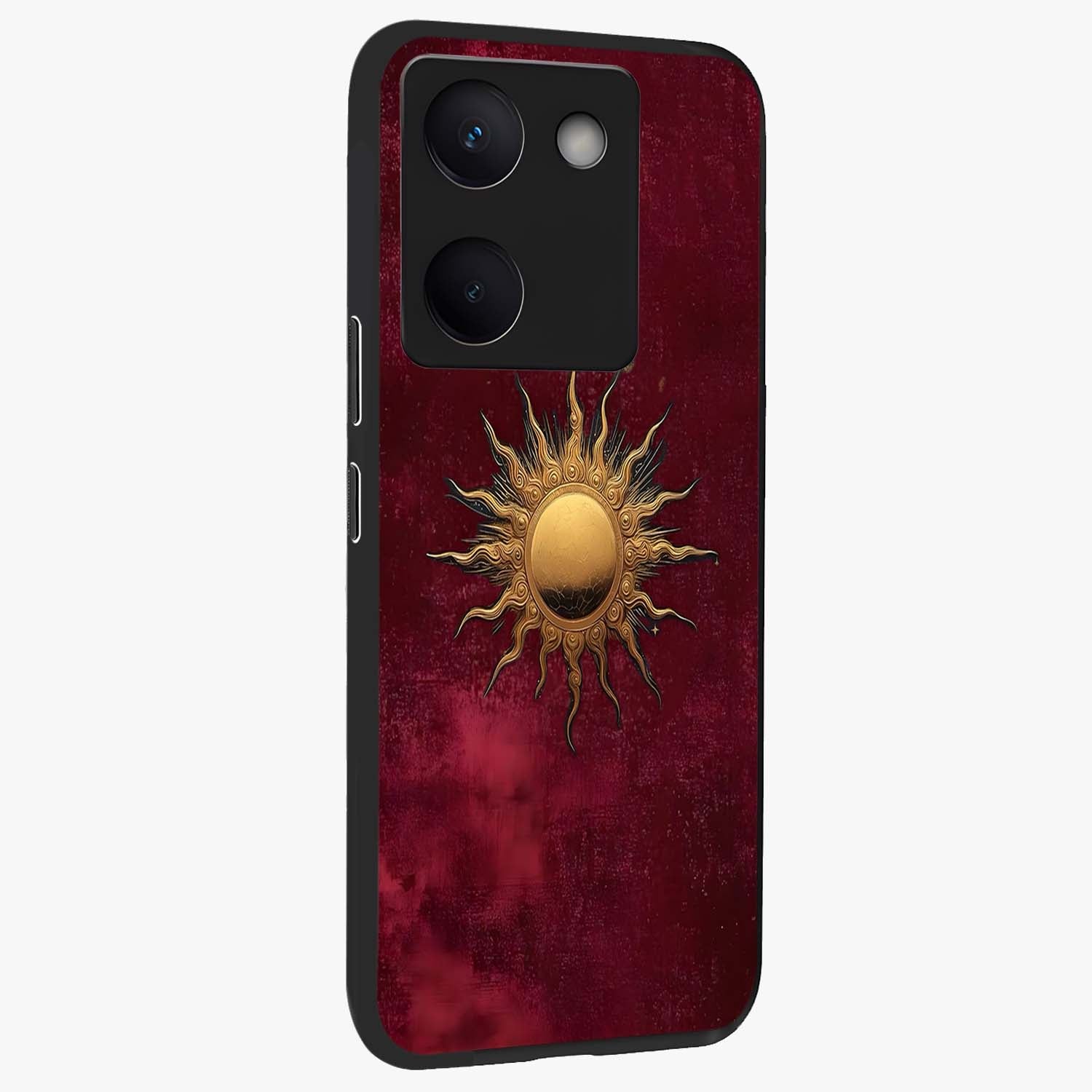 Golden Sun Minimalism Glass Case upright view showcasing simple golden sun artwork with elegant minimalist style.
