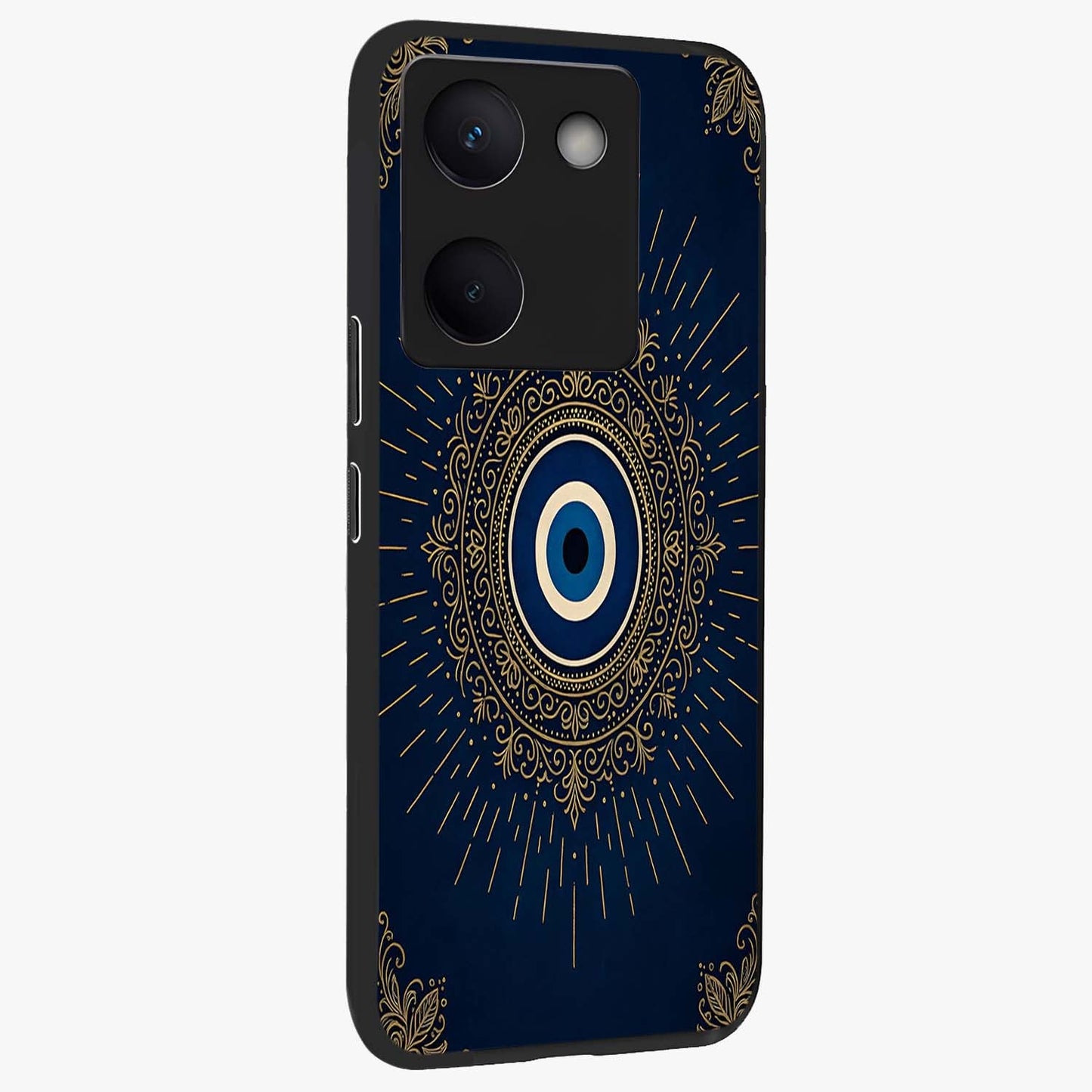 Golden Celestial Charm Glass Case upright view showcasing radiant celestial artwork with elegant golden theme.