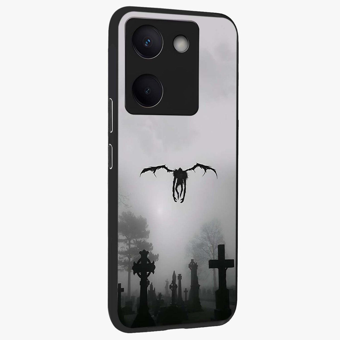 Graveyard Shadow Descent Glass Case upright view showcasing haunting graveyard artwork with dramatic dark theme.
