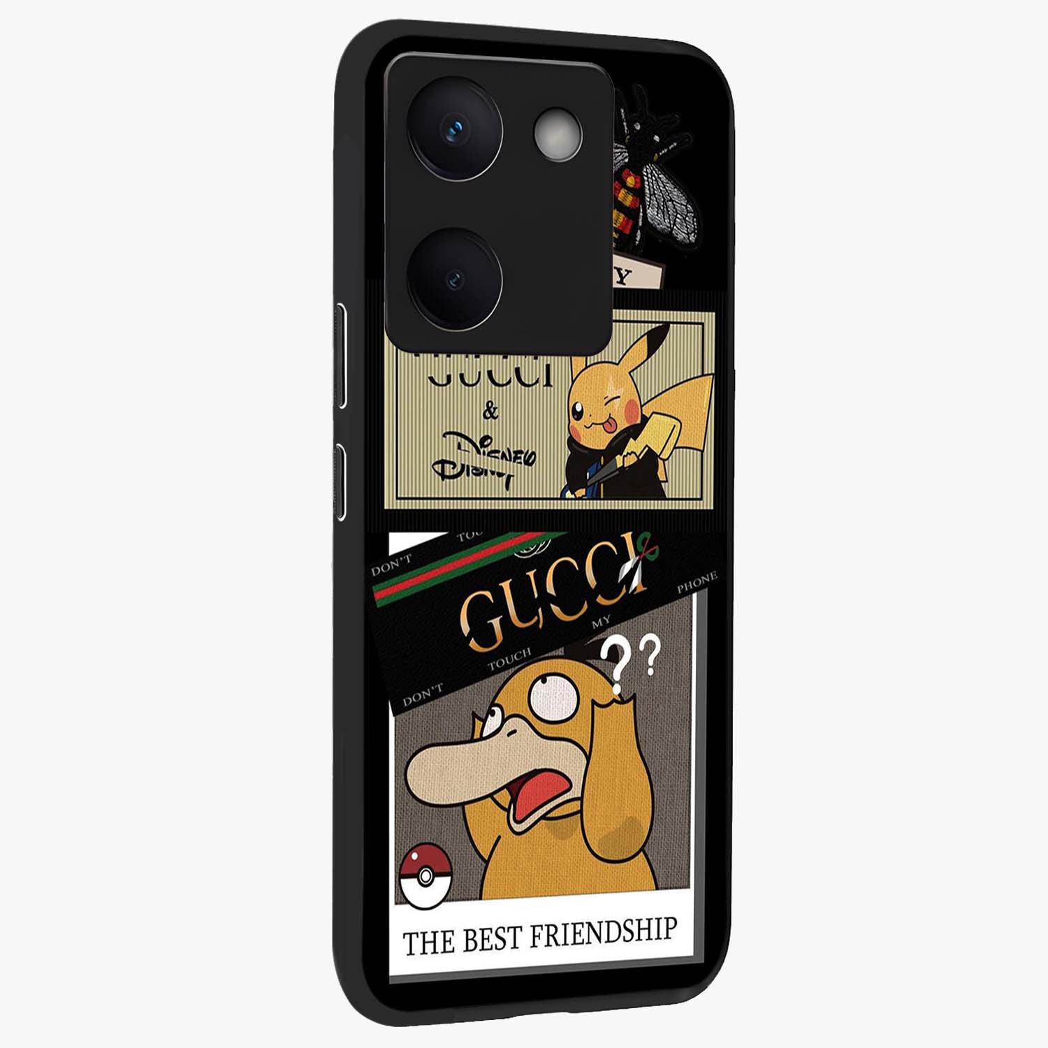 Gucci Play Mashup Glass Case upright view showcasing trendy luxury inspired artwork with modern fashion theme.