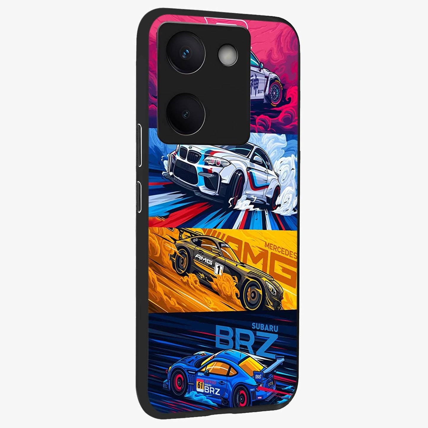 JDM Sports Car Glass Case upright view showcasing dynamic sports car artwork with bold racing theme.