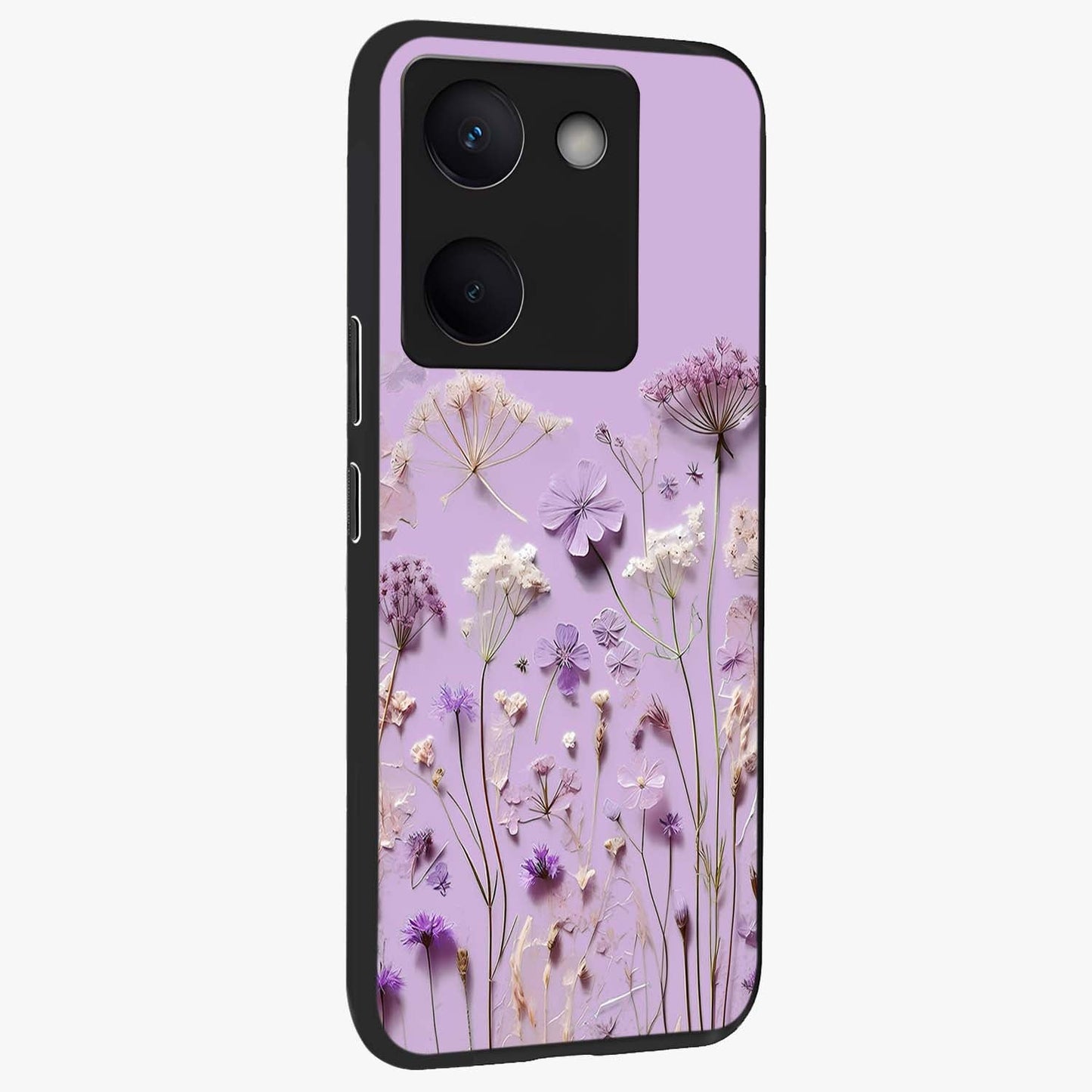 Lavender Blossom Dream Glass Case upright view showcasing delicate lavender blossom artwork with peaceful floral theme.