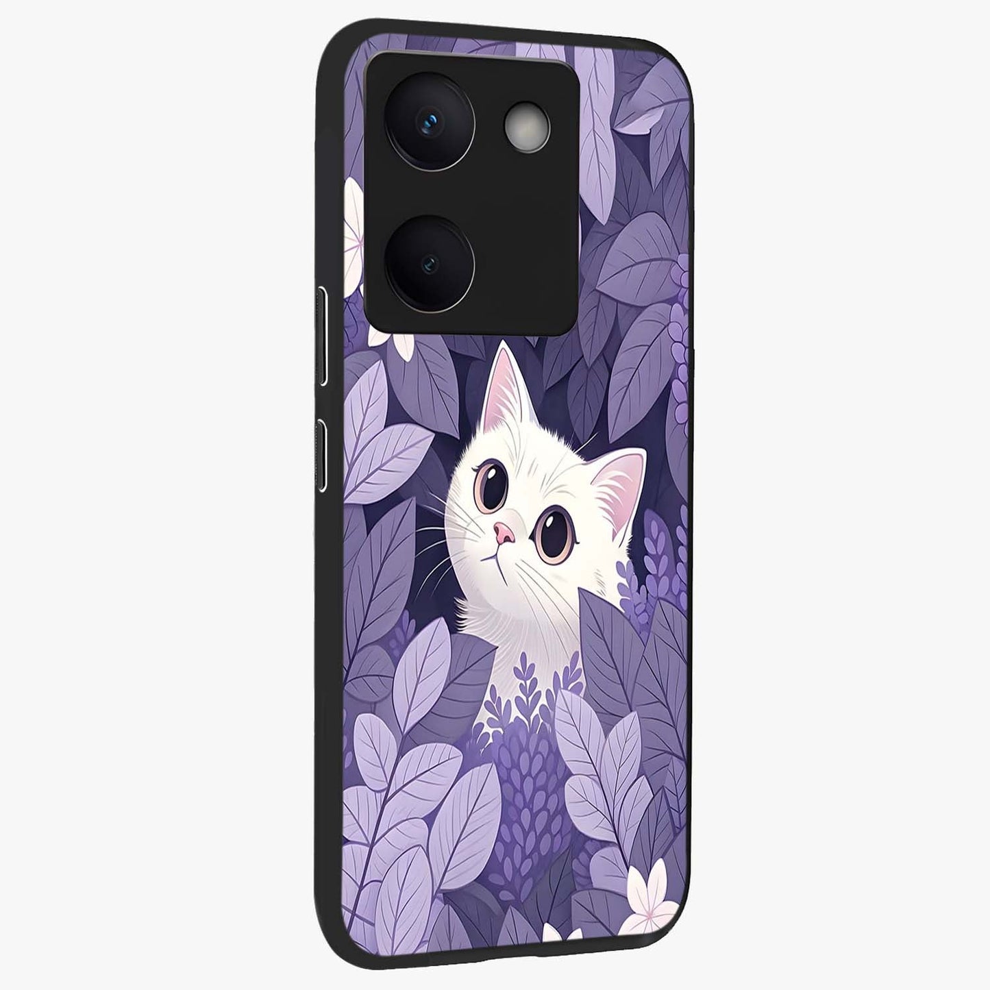 Lilac Hide Peek Cat Glass Case upright view showcasing charming cat artwork with adorable peek theme.