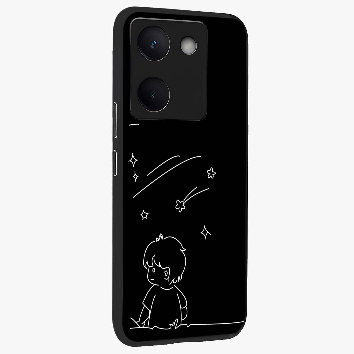Line Art Boy With Shooting Stars Glass Case upright view showcasing artistic shooting star illustration with minimal style.