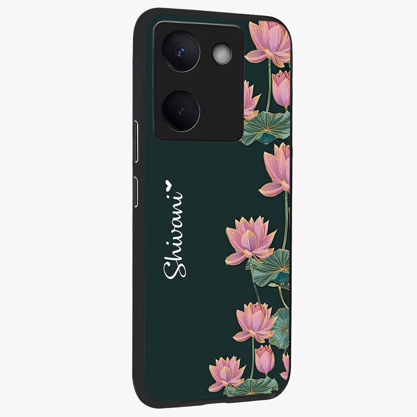 Lotus Bloom Serenity Custom Name Glass Case upright view showcasing serene lotus bloom artwork with personalized floral aesthetic.