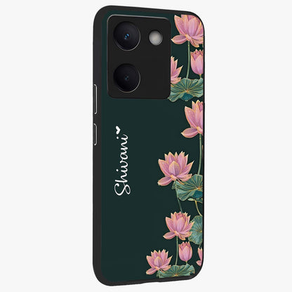 Lotus Bloom Serenity Custom Name Glass Case upright view showcasing serene lotus bloom artwork with personalized floral aesthetic.