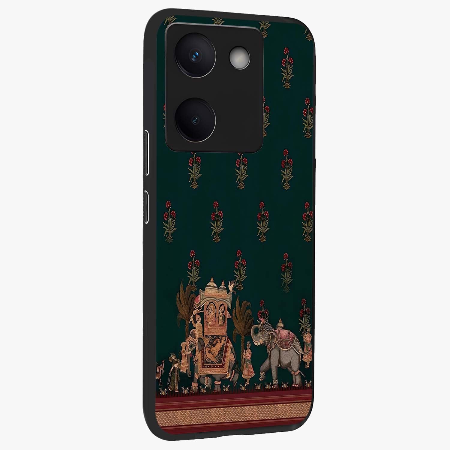 Macmerise Glass Case upright view showcasing bold artistic artwork with contemporary design theme.