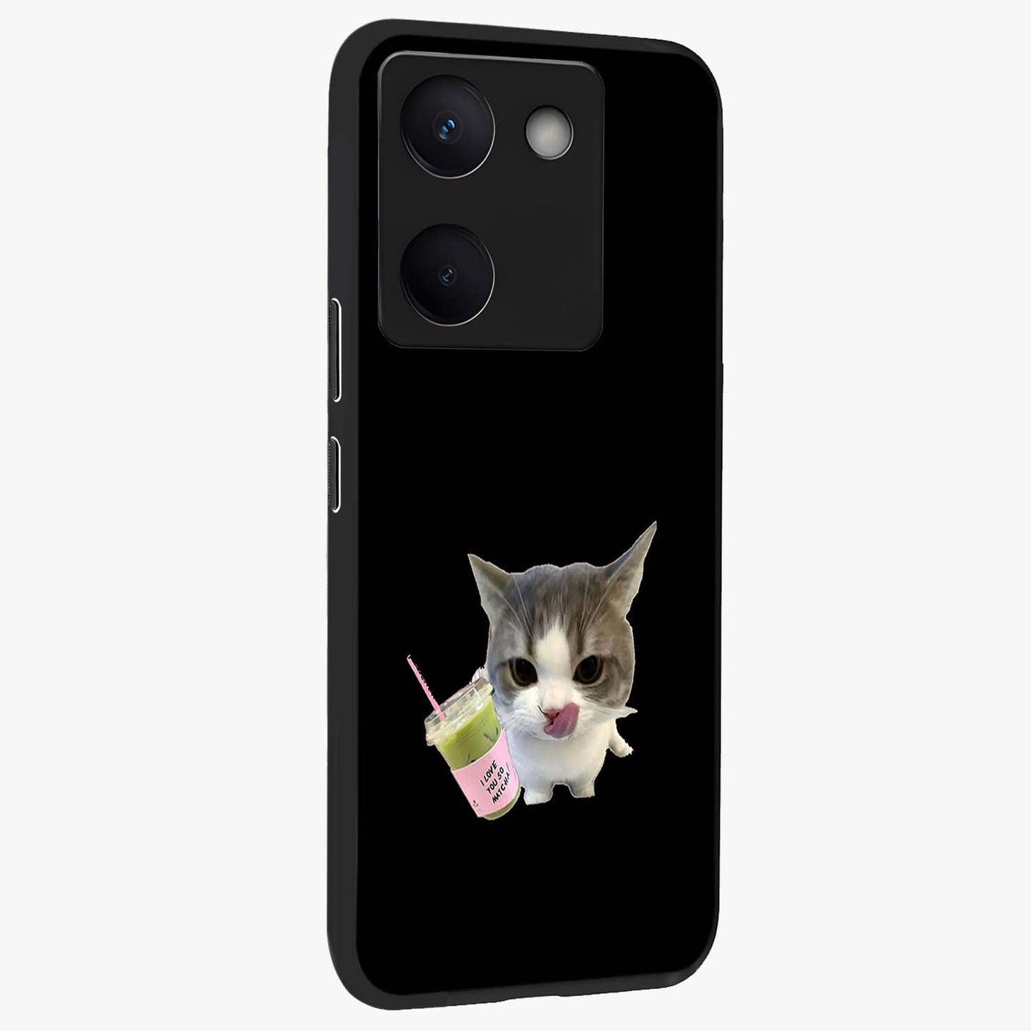 Matcha Cat Style Glass Case upright view showcasing charming cat artwork with cozy aesthetic theme.