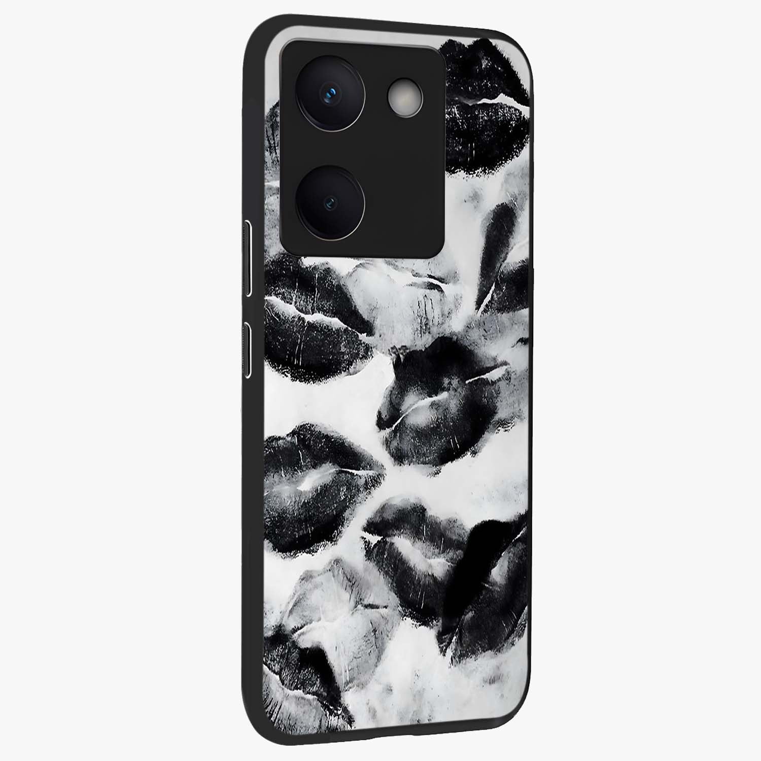 Midnight Kiss Marks Glass Case upright view showcasing stylish kiss mark artwork with trendy romantic theme.
