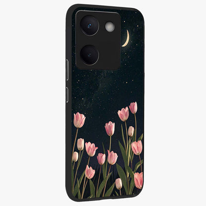 Midnight Tulip Whispers Vibe Glass Case upright view showcasing graceful tulip artwork with calm botanical theme.