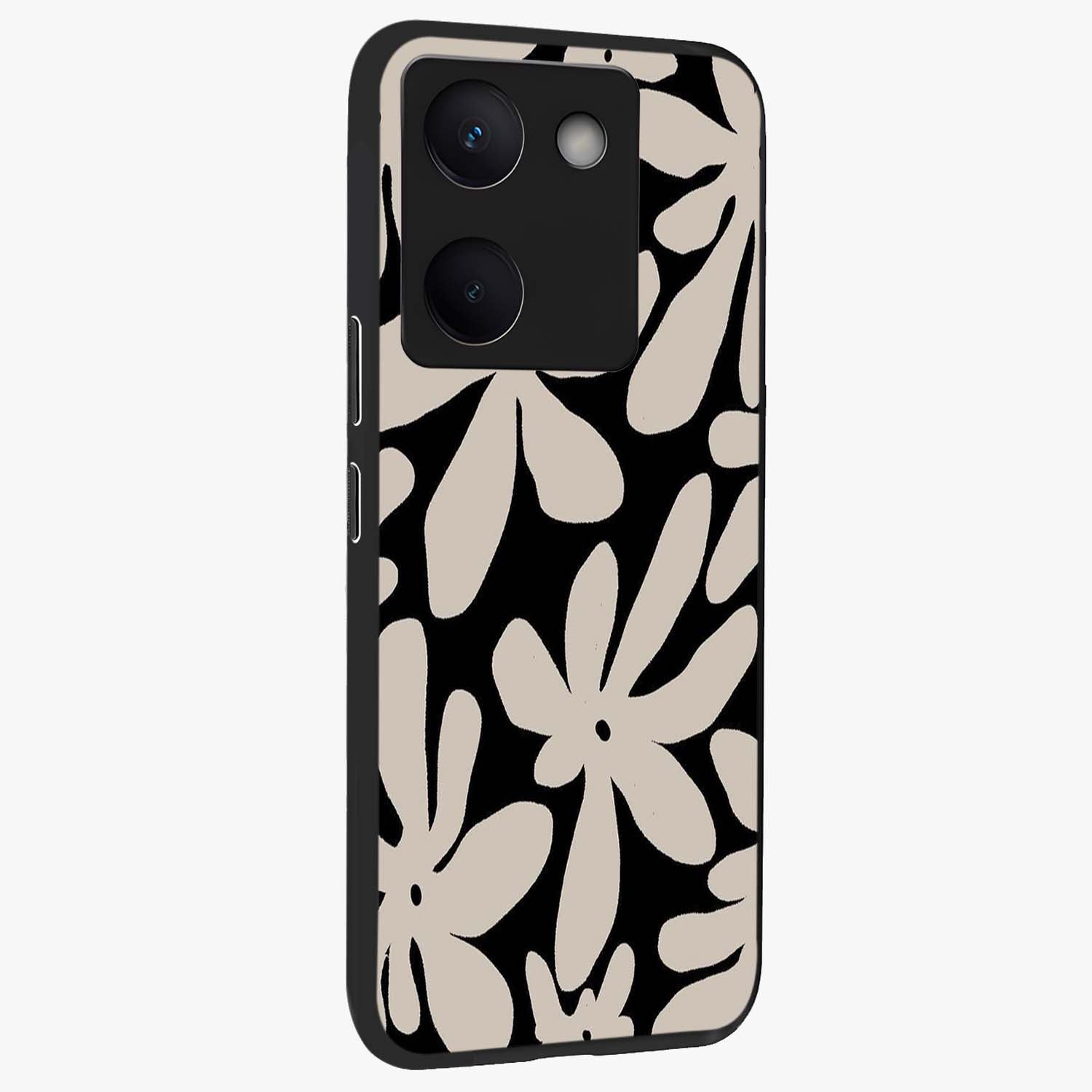 Monochrome Petal Dance Glass Case upright view showcasing artistic floral pattern with stylish monochrome theme.