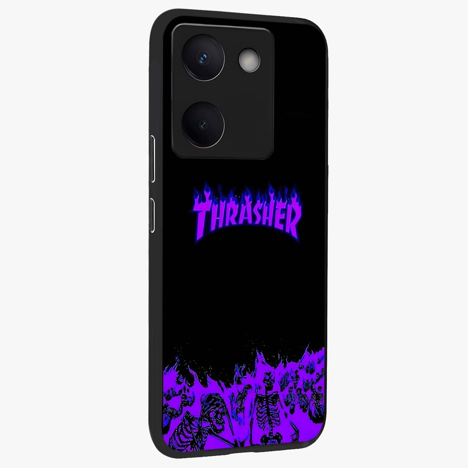 Neon Flame Riot Glass Case upright view showcasing dynamic flame artwork with energetic neon theme.
