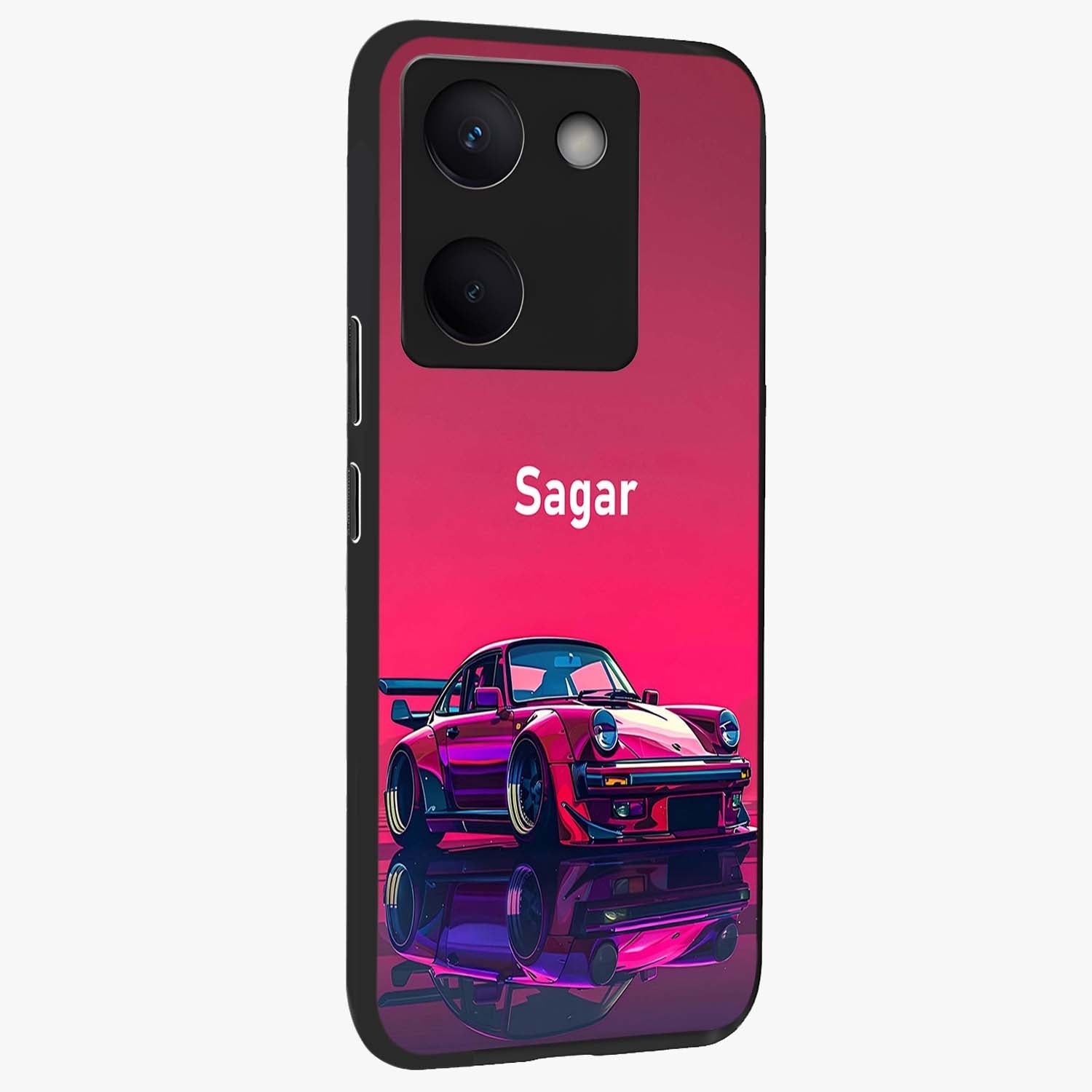 Neon Pink Porsche Glass Case upright view showcasing vibrant sports car artwork with bold automotive theme.