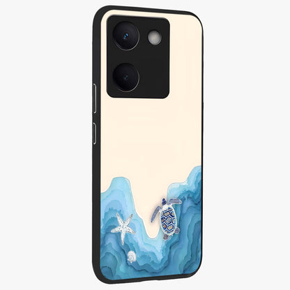 Ocean Drift Turtle Glass Case upright view showcasing calm underwater turtle artwork with nature inspired theme.