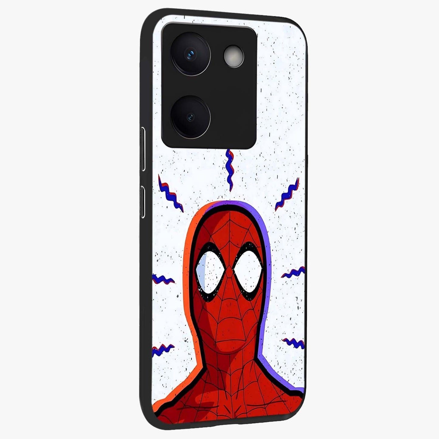 Omg Spiderman Glass Case upright view showcasing energetic superhero artwork with vibrant comic theme.