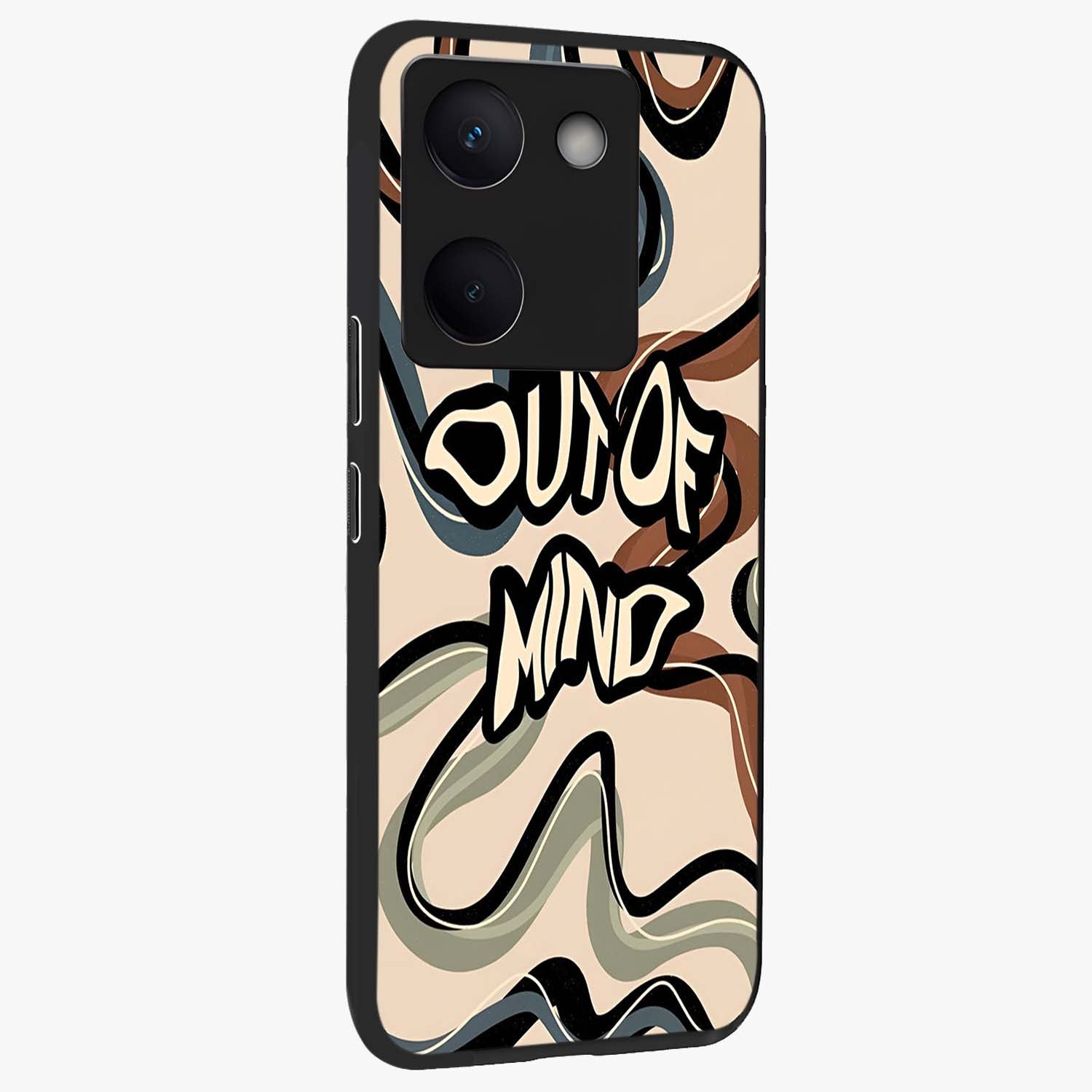 Out Of Mind Glass Case upright view showcasing striking typography artwork with edgy conceptual theme.
