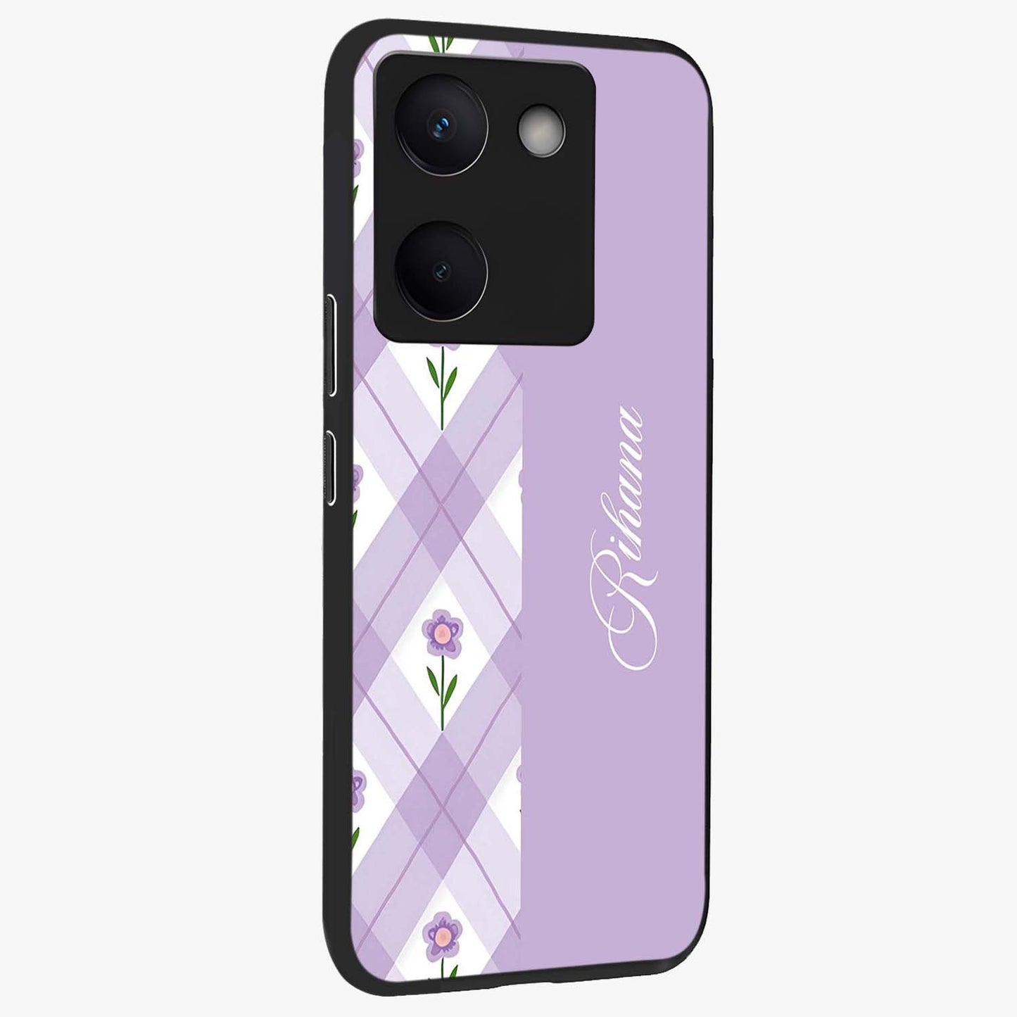 Purple Diamond Floral Glass Case upright view showcasing vibrant floral artwork with stylish geometric theme.