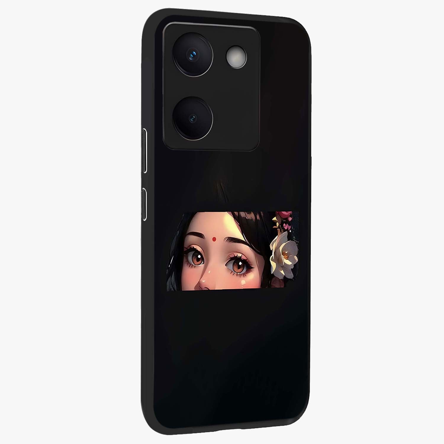Radha Divine Embrace Glass Case upright view showcasing sacred Radha themed artwork with peaceful devotional style.