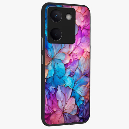 Radiant Floral Whirl Glass Case upright view showcasing lively floral artwork with decorative swirl theme.