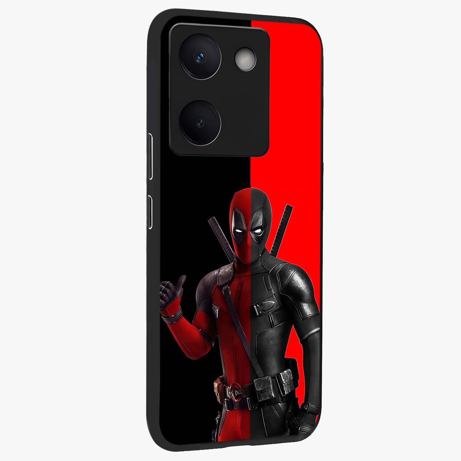 Red & Black Deadpool Theme Glass Case upright view showcasing energetic comic themed artwork with striking red and black design.