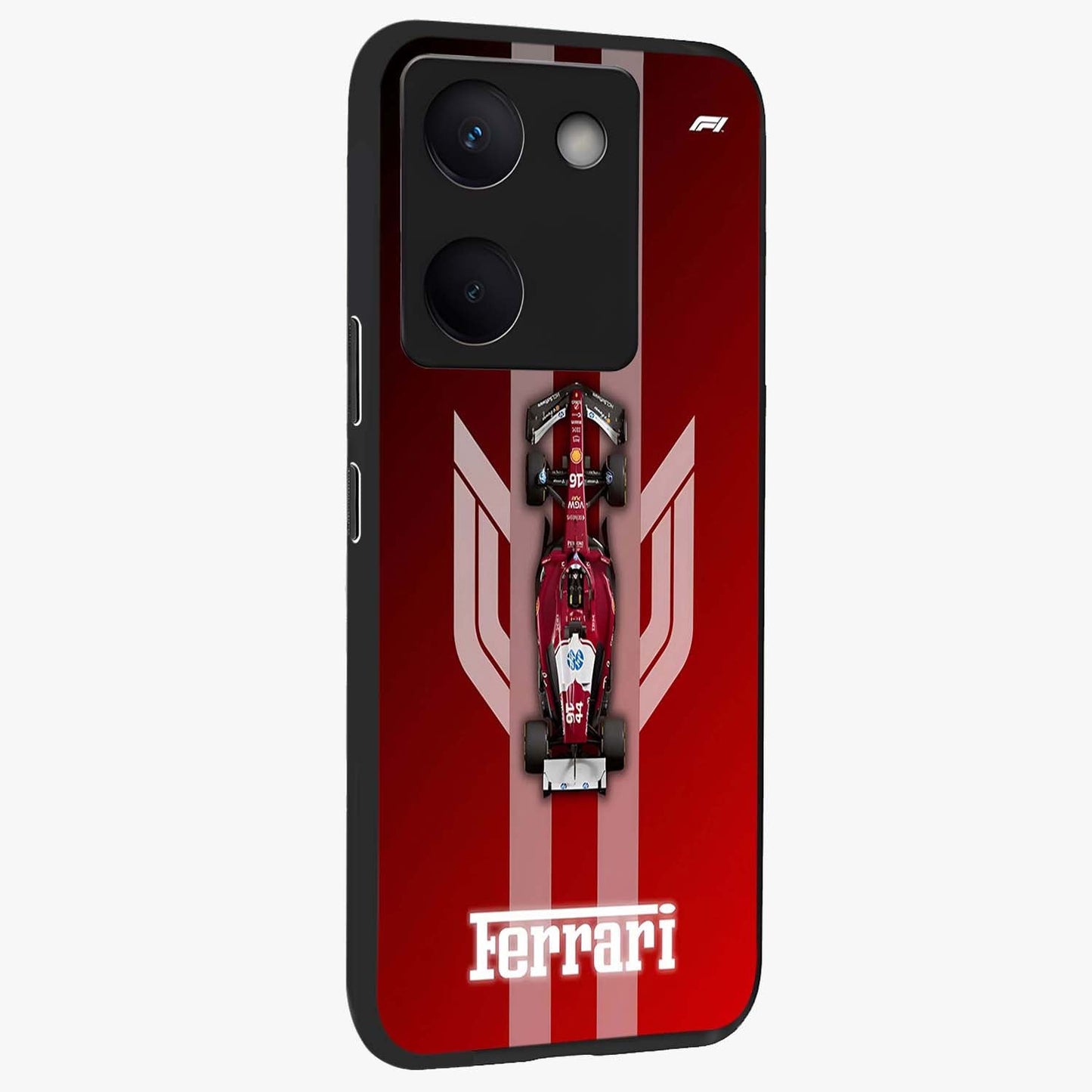 Red Ferrari F1 Vertical Glass Case upright view showcasing powerful Formula car artwork with dynamic motorsport theme.