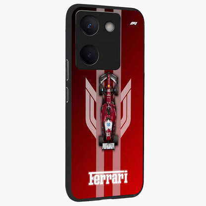 Red Ferrari F1 Vertical Glass Case upright view showcasing powerful Formula car artwork with dynamic motorsport theme.